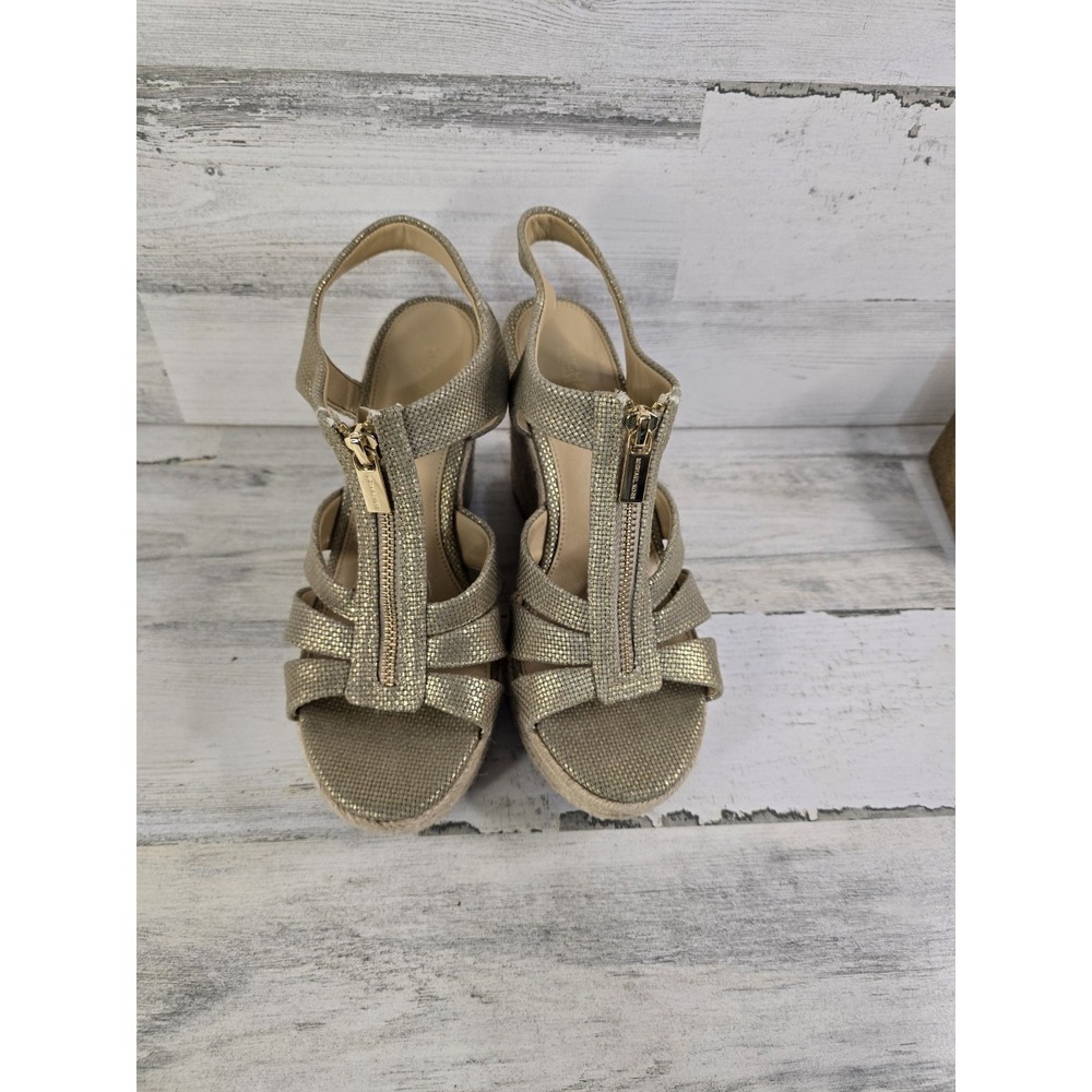 Michael Kors Gold Metallic Espadrille Wedge Sandals Front Zip Platform Mens 8.5M